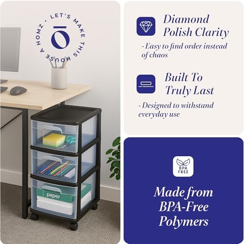 HOMZ Drawer Tower, 3-Tier Storage Cart with Removable Wheels, Black Frame - Image 5