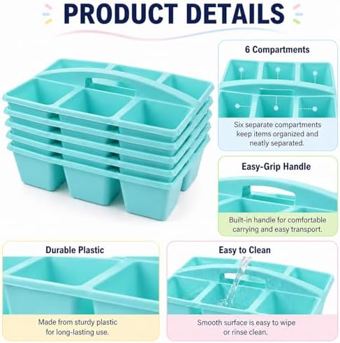 gisgfim 6 Pack Plastic Classroom Caddy with 6-Compartments Plastic Storage Caddies with Handle 6 Compartments Table Caddy Organizer Versatile Table Caddies for Classroom Office Storage, Lake Blue - Image 3