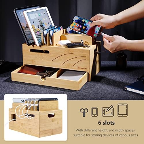 Homde Bamboo Charging Station Organizer: 6 Compartments and Drawer - Image 3
