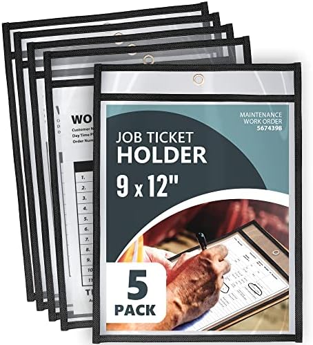 5 Pack Job Ticket Holders 9x12 - Work Order Plastic Sleeves for Documents - Shop Ticket Holders - Heavy Duty Plastic Permit Holder Sleeves - Dry Erase Pocket - Dry Erase Sleeve - Clear Pocket Sleeve by Juzari