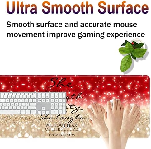 Large Gaming Mouse Pad, Keyboard Wrist Rest + Mouse Wrist Pad + Coaster Combination Set, Memory Sponge Non-Slip Base. Suitable for Office and Home, Red Glitter Quote Proverbs 31-25 - Image 4