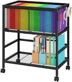 Rolling File Cart for Letter Size, Metal Hanging File Organizer with Storage Shelf, 2-Tier Mobile File Cabinet with 360° Wheels & Hooks, Under Desk Filing Cabinets for Home Office, Black by keomaisyto