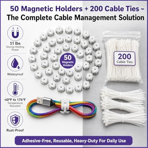 Magnetic Cable Zip Tie Mounts Kit, 50 Pcs Holders with 200 Pcs Cable Ties, Heavy-Duty Magnetic Wire Management for Desk, Office, Home, Automotive, Marine, Multipurpose Cable Clips Organizers, Silver - Image 6