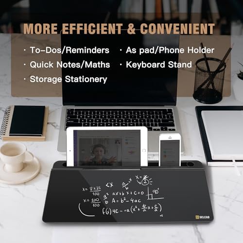 SELEAD Desktop Glass Whiteboard with Storage, Markers and Eraser, Black - Image 2