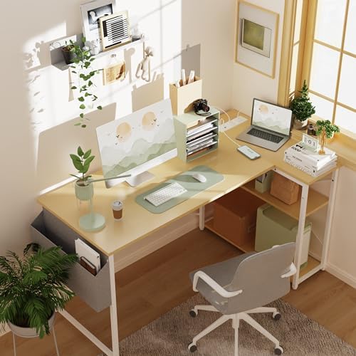 TIQLAB L-Shaped Computer Desk with Power Outlets - Reversible Shelves, 47 Inch Gaming & Study Desk in Beige - Image 2