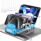 320W Charging Station for Multiple Devices, Zobirez 10-Port USB C Fast Charger Stations for MacBook, iPhone, Android Cell Phone, iPad, Tablet, Family Multi-Device Organizer Charging Dock, Blue by Zobirez