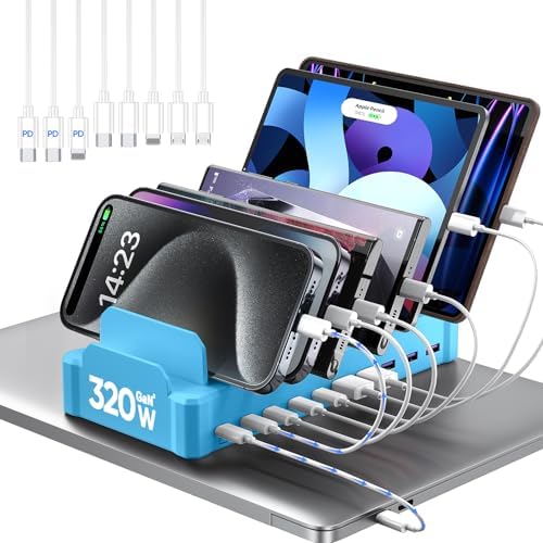 320W Charging Station for Multiple Devices, Zobirez 10-Port USB C Fast Charger Stations for MacBook, iPhone, Android Cell Phone, iPad, Tablet, Family Multi-Device Organizer Charging Dock, Blue by Zobirez