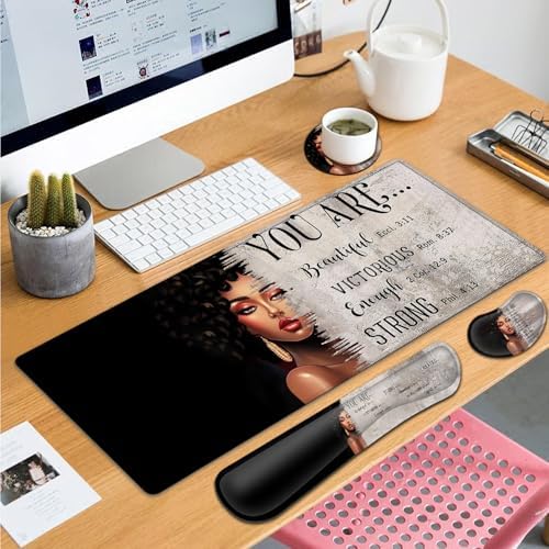 Large Gaming Mouse Pad+ Keyboard Wrist Rest Set, Ergonomics Memory Foam Mouse Mat Wrist Rest Support, Waterproof Extended Mousepad 31.5x11.8in, African American Women Black Girl Black Desk Pad - Image 7
