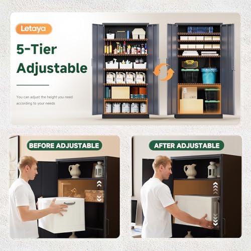 Letaya Metal Storage Cabinets with Lock Door and 5 Adjustable Shelves, Steel Garage Tool Organization Cabinets for Home,Utility Room, Warehouse,Lockers(71"-Black Gray) - Image 4