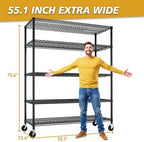 5 Tier Storage Racks Shelving, Heavy Steel Pantry Shelves, Adjustable Wire Shelving Rack with Wheels, Suitable for Garage, Kitchen, Bathroom, Office, 55" W x 24" D x 76" H, Black - Image 3