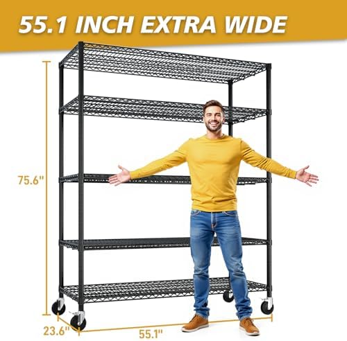 5 Tier Storage Racks Shelving, Heavy Steel Pantry Shelves, Adjustable Wire Shelving Rack with Wheels, Suitable for Garage, Kitchen, Bathroom, Office, 55" W x 24" D x 76" H, Black - Image 3
