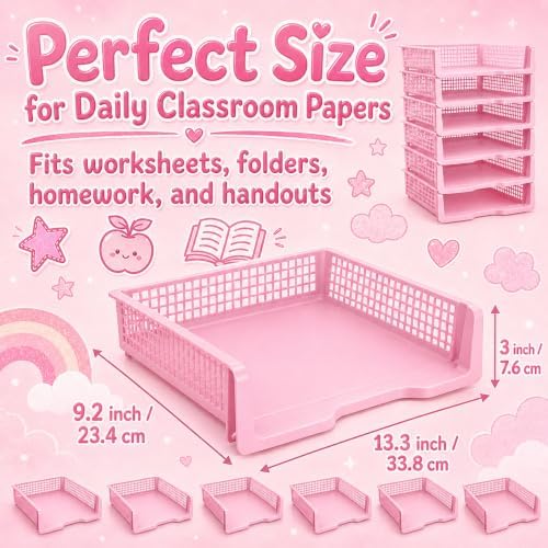 6 Pcs Pink Turn in Trays Classroom, Stackable Paper Bins for Classroom, 13x9x2.8 inch Plastic Baskets Desktop Organization System Office (Pink) - Image 2