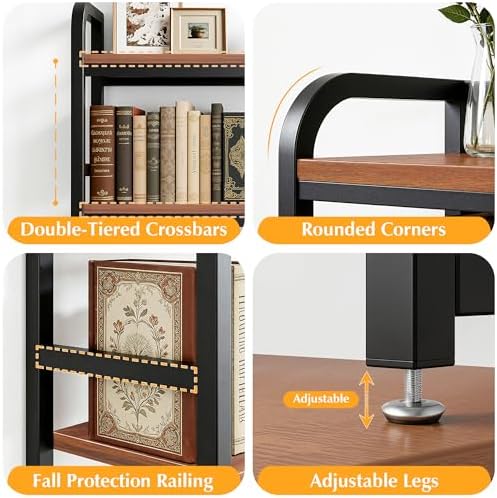VECELO 2-Tier Desktop Bookshelf, Retro Brown Metal Desk Hutch with Grid Panel, 45.3 Inch Wide Countertop Storage Organizer for Bedroom & Dorm - Image 4