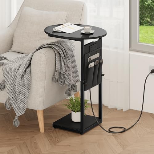 Vagusicc C Shaped End Table with Charging Station, 32" Tall Side Table for Couch and Recliner, Adjustable Height Small Couch Side Table Slide Under Sofa TV Tray Table for Living Room, Bedroom, Black - Image 6