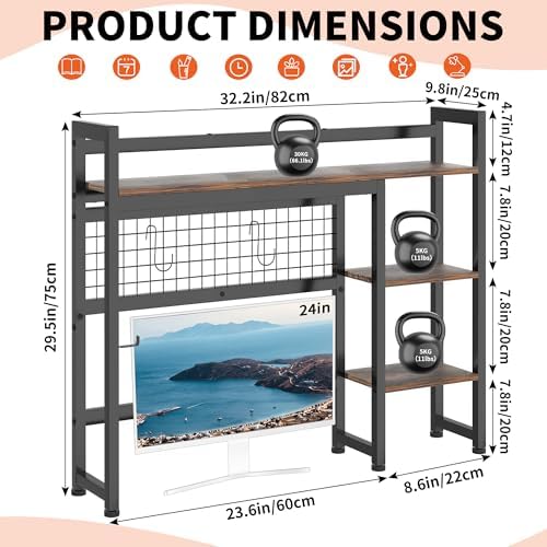 IBVIVIC Desktop Shelf, 32.3'' Desktop Organizer Shelf for Computer Monitor, 4 Tier Hutch Storage Rack for Home Office Dorm, Rustic Brown - Image 3