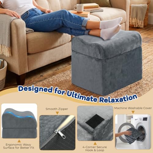 Foot Rest for Under Desk at Work, Ergonomic 2-in-1 Footrest Stool with 3 Adjustable Heights, Wave Contoured Foam Leg & Feet Support Cushion with Washable Velvet Cover for Office Chair, Gaming, Car - Image 3