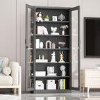 VINGLI Lockable Display Cabinet with Glass Doors & 5 Adjustable Shelves, 71" Tall Black Metal Storage Cabinet Curio Liquor, Bookshelf Bookcase for Home Office Living Room Pantry Garage - Image 2