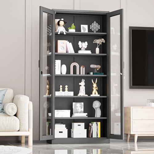 VINGLI Lockable Display Cabinet with Glass Doors & 5 Adjustable Shelves, 71" Tall Black Metal Storage Cabinet Curio Liquor, Bookshelf Bookcase for Home Office Living Room Pantry Garage - Image 2