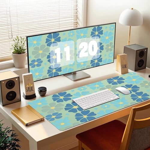 Retro Blue Floral Office Desk Mat 31.5" x 15.7" Desktop Mat PU Leather Large Mouse Pad White Mousepad Non-Slip Table Mat for Girls, Women, Home, Work, Computer, and Gaming - Image 7