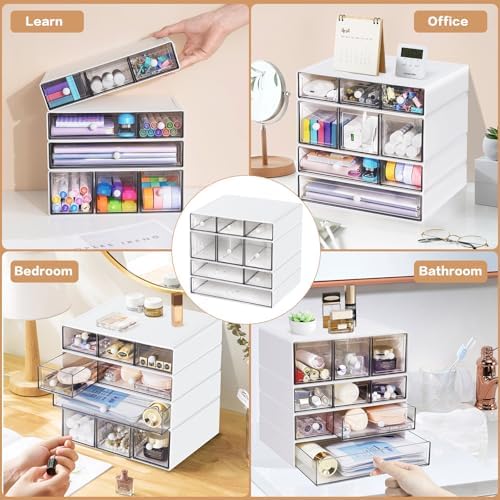 Desk Storage Organizer with 9 Drawers, 4 Tiers Stackable Desktop Craft Storage Drawers, Clear Storage Box Caddy for Stationary Makeup Jewelry Office Craft Supplies (White) - Image 6