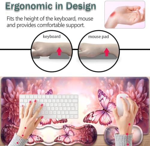 31.5"x 11.8" Oversized Gaming Mouse Pad Set, Ergonomic Keyboard and Mouse Wrist Rest + Cup Holder, Non-Slip Desktop Pad, Suitable for Home and Office Use, Pink Butterfly Flower - Image 5