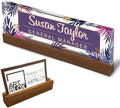 Artblox Personalized Office Desk Name Plate and Business Card Holder | Clear Acrylic Glass with Teak Wood Stand | Purple Leaf Design Customized with Your Name and Credentials Office Desk Decor by Artblox