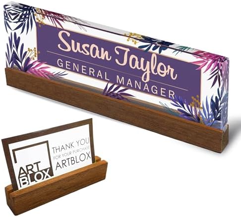 Artblox Personalized Office Desk Name Plate and Business Card Holder | Clear Acrylic Glass with Teak Wood Stand | Purple Leaf Design Customized with Your Name and Credentials Office Desk Decor by Artblox