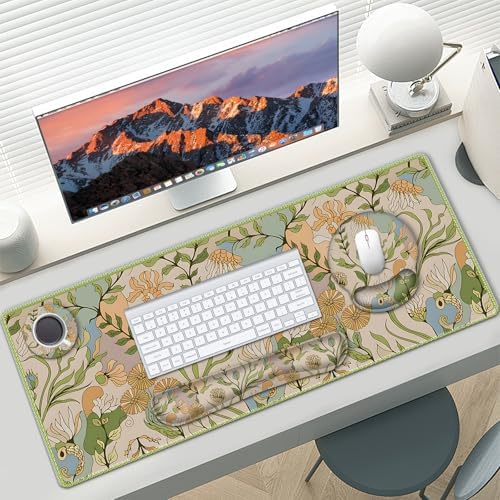 AIMSA Mouse Pad Set Large Desk Mat, Ergonomic Mouse Pad with Wrist Rest, Gaming Mouse Pad Wrist Support Keyboard Mat Combo Office Desk Decor Accessories, Abstract Flower Plants - Image 2