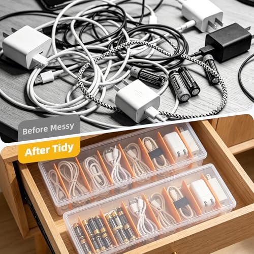 VZZNN 5 Pack Clear Cable Organizer Box with Lid, Plastic Cord Storage Case for Chargers, Power Cords, Electronics Accessories – Transparent Desk Organizer, Stackable, Adjustable Dividers - Image 5