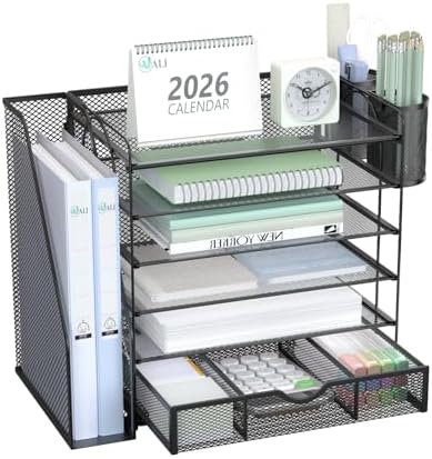 WALI Desk File Organizer, 6 Tier Desktop Paper Letter Tray Organizer with Drawer and 2 Pen Holders, Office Desk Accessories & Workspace Organizers for Office, Home Supplies(DO007DH-B), 1 Pack, Black by WALI