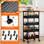 5-Tier Slim Storage Cart, Wooden Top Rolling Kitchen Cart with Pull-Out Baskets & Wheels, Narrow Space Utility Cart Slide Out Organizer for Kitchen, Bathroom, Laundry Room, Black - Image 6