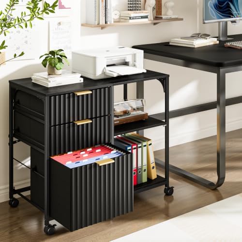 VINGLI 3 Drawer Mobile File Cabinet Printer Stand, Fluted Filing Cabinet with Open Storage Shelves Adjustable, Rolling Lateral Fabric Filing Cabinet for Home Office, Fits Letter Size, Black - Image 2
