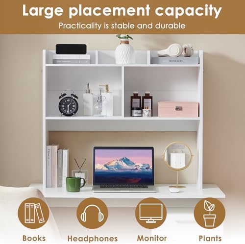 Nromant Desktop Bookshelf, Wooden Desk Storage Hutch with 5 Shelves, 3-Tier Desktop Display Organizer Rack for Office Home (White, 5 Shelves B) - Image 4