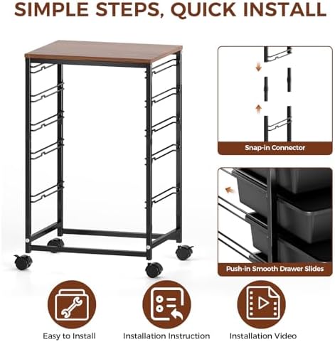 SYKIARIOL 5-Tier Rolling Cart with Drawers with Wooden Top, Black - Image 7