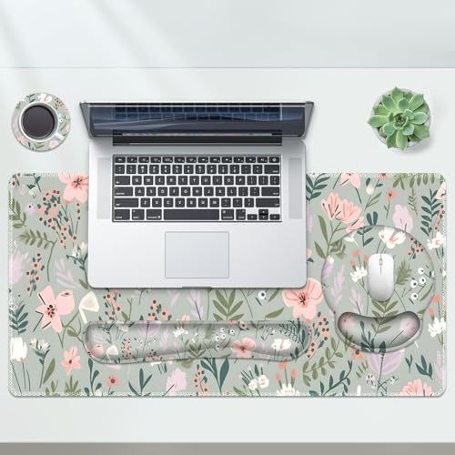AIMSA Keyboard Mouse Pad Set, Extended Mouse Pad, Keyboard Wrist Rest Support, Memory Foam Ergonomic Desk Pad Set for Home Office Study Game, Pink White Flowers Plants - Image 5