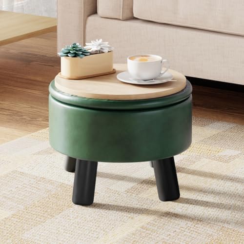 Small Foot Stool Ottoman with Storage, Faux Leather Ottoman Foot Rest for Couch, Round Footstool Ottomans for Living Room (Green) - Image 4