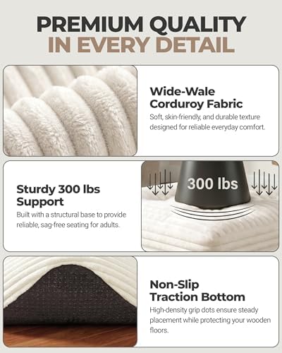 23.6in Pouf Ottoman, Corduroy Footstool Foot Rest Seating, Beige - Image 5