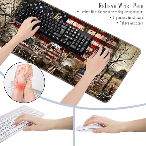 TGFEWYTJYJ Extended Gaming Mouse Pad,Memory Foam Ergonomic Keyboard Mouse Wrist Rest Support Set,Large Desk Mat with Stitched Edges,Non-Slip Base Mousepad Home Office,Camo Deer American Flag - Image 6