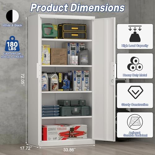 72" H Metal Garage Storage Cabinet with 2 Doors and 4 Shelves, White Steel Locking File Cabinet, Metal Storage Cabinets for Office, Home, Garage, Gym, School - Image 3