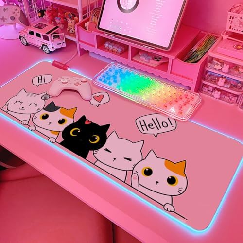 JMIYAV Pink Kawaii Cat RGB Gaming Mouse Pad 31.5x12 Inch PC XL Large Extended Glowing Led Light Up Cool Mouse pad Desk Pad Non-Slip Rubber Computer Mouse Mat Cute Mousepad 31.5x12 Inch by JMIYAV