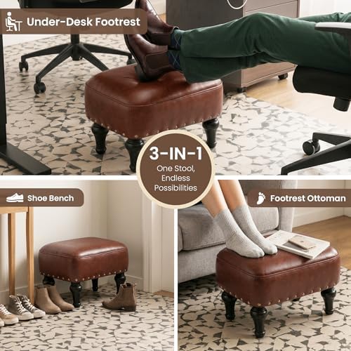 Cmishe Ottoman Leather Footrest,Vintage Footstool,Thickened Foam Upholstered Seat,Wooden Leg Foot Rest,Under Desk Shoe Bench Small Bench for Living Room Dining Room(Bronw) - Image 5
