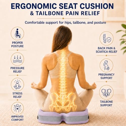 Seat Cushions for Office Chairs Wheelchair Cushion for Long Sitting Back Pain，Memory Foam Seat Car Computer Desk Chair Cushion，Coccyx Cushion for Tailbone Pain Relief Office Chair Butt Pillow Purple - Image 4