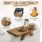 Acacia Wood Sofa Arm Tray - 3-in-1 Couch Arm Table with Phone Holder, Cup Holder & Foldable Tray - Armrest Clip-On Design for Couch with 360° Rotated Phone Holder - Image 3