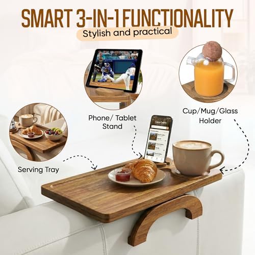Acacia Wood Sofa Arm Tray - 3-in-1 Couch Arm Table with Phone Holder, Cup Holder & Foldable Tray - Armrest Clip-On Design for Couch with 360° Rotated Phone Holder - Image 3