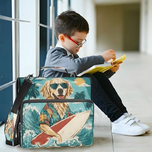 3-Ring Zipper Binder with Shoulder Strap Zip-Up Expanding File Folder Organizer Storage Fireproof Accordion Trapper Keeper Home School Office Three Butterfly (Puppy Surfboard) - Image 6