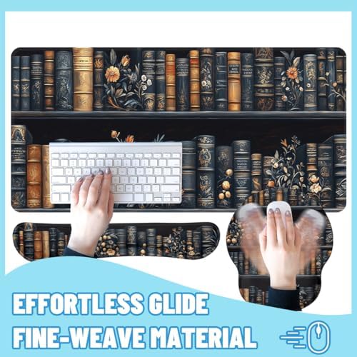 Bookshelf Desk Mat Set Dark Vintage Library Large Mouse Pad with Wrist Rest 4in1 Desk Mat for Desktop Ergonomic Computer Desk Arm Wrist Anti-Slip Computer Ergonomic Mouse Pad Home Office Gaming - Image 4