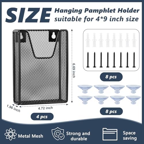 4 Pack Brochure Holder Wall Mount Hold 4 x 9 Inches Pamphlet Holders Display Stand Iron Mesh Hanging Pamphlet Holder Black With Suction Cups for Magazine Booklet Postcard Literature Flyer Menu Mail - Image 2