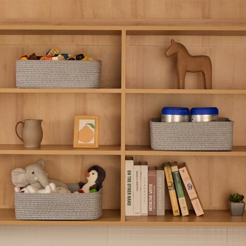 MiniArk Large Shallow Organizing Baskets 15x11x5.1 Inches - Rope Woven Storage Bins for Bathroom, Shelves, Cube Closet, Mixed Grey 3 Packs - Image 3