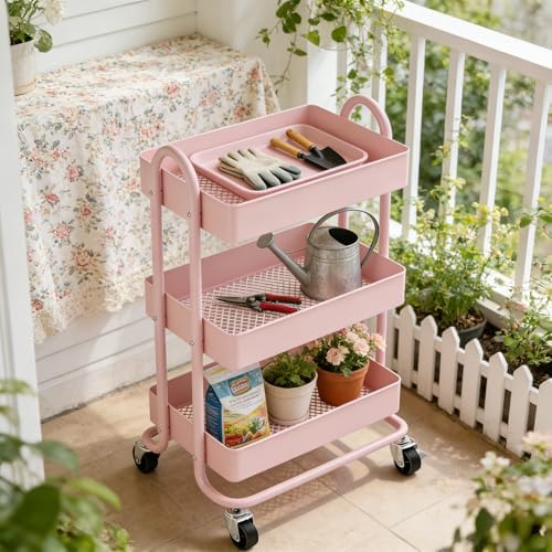 3 Tier Metal Rolling Cart, Utility Storage Cart Shelf Organizer with Wheels for Home & Office, Pink - Image 4