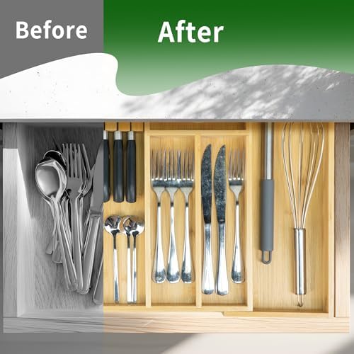 VaeFae Bamboo Silverware Drawer Organizer, 6 Slots, Natural - Image 5